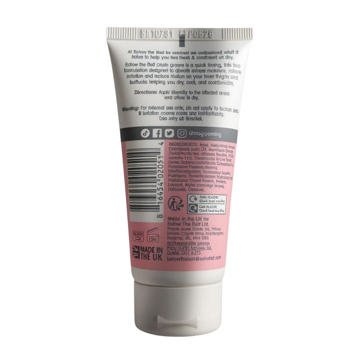 The back of a Below the Belt for Women Chafe Cream tube, detailing product benefits for inner thighs. It includes directions for use, a full ingredients list, social media icons, a barcode, and the 'Made in the UK' logo.