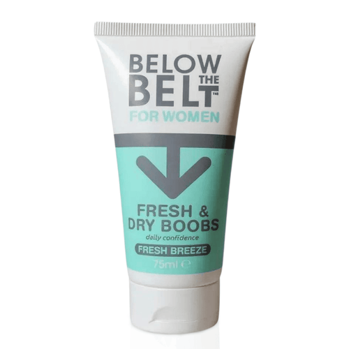 A studio product shot of a 75ml tube of Below the Belt for Women: Fresh & Dry Boobs in the Fresh Breeze scent on a white background
