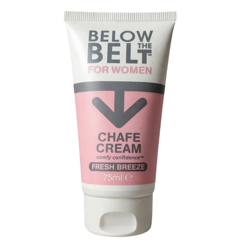 A studio product shot of a 75ml tube of 'Below the Belt for Women: Chafe Cream' in the Fresh Breeze scent.