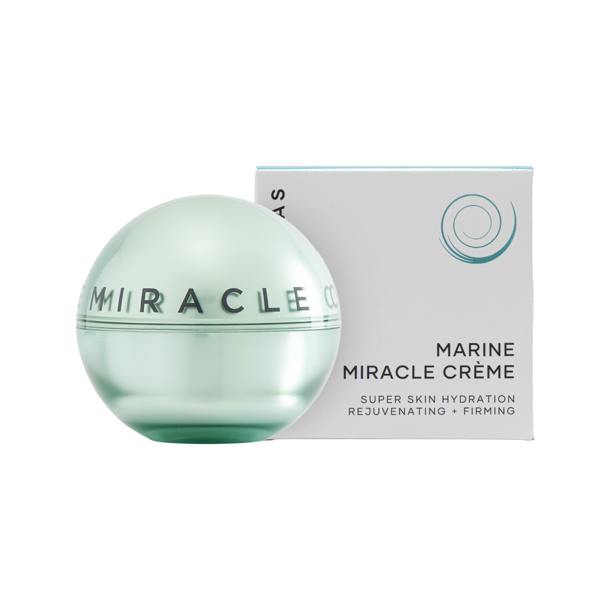 A round translucent pale green cosmetic jar labeled 'MIRACLE CRème' placed in front of a white product box with teal accents and the text 'MARINE MIRACLE CRÈME'.