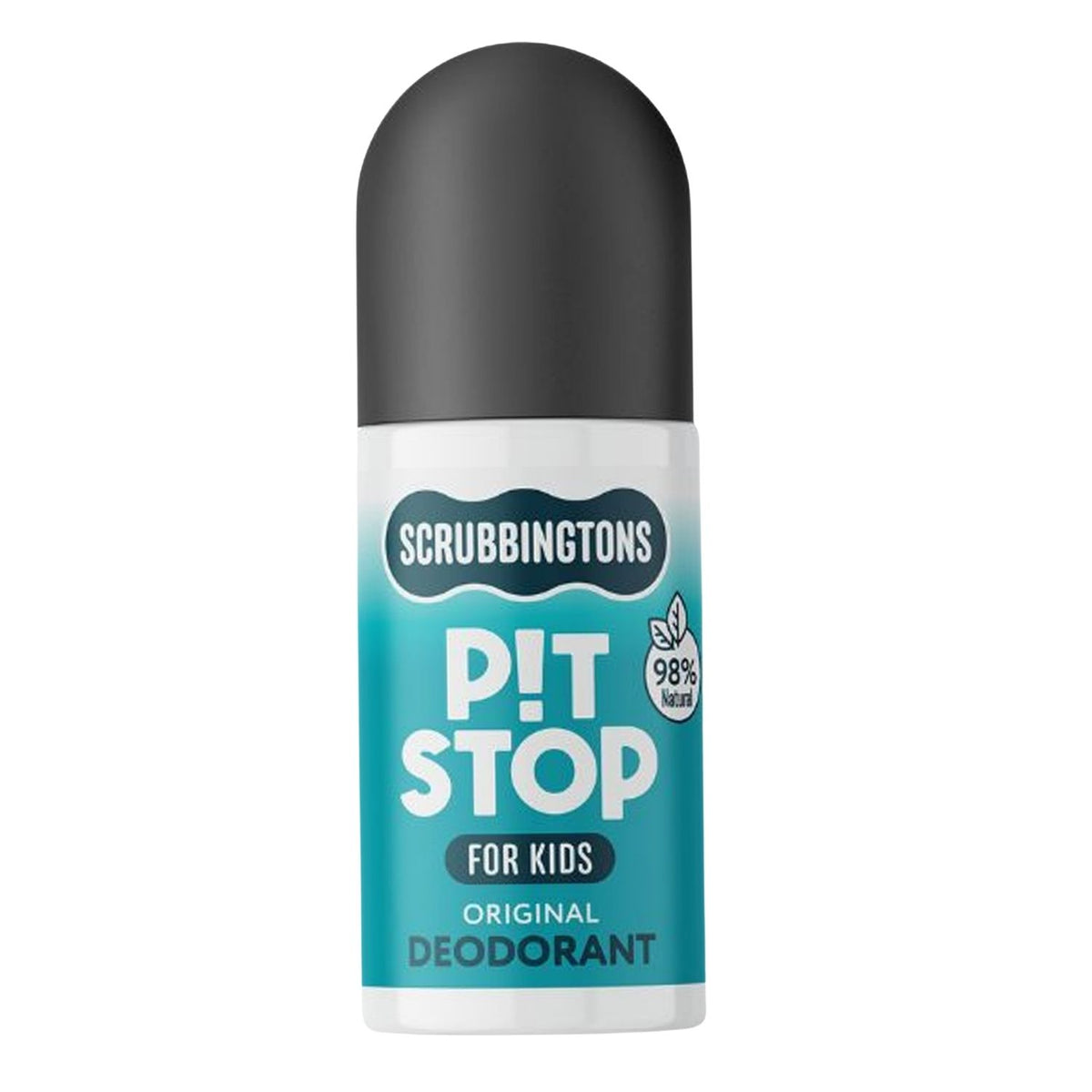 A roll-on bottle of Scrubbingtons Pit Stop First Deodorant for Kids. The white bottle features a dark cap and a teal label with 'Pit Stop' in large white letters. It highlights the product as 'Original Deodorant' 