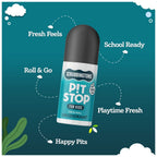The teal roll-on bottle is centered against a dark teal background with playful cloud illustrations and text bubbles that read: Fresh Feels, School Ready, Roll & Go, Playtime Fresh, and Happy Pits