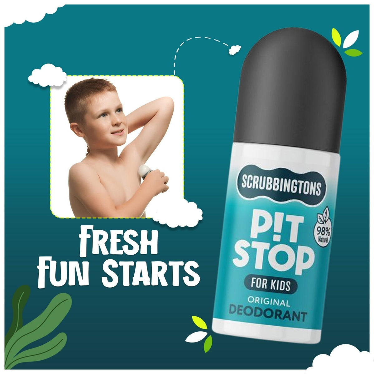A young boy is shown in a white-bordered photo applying the roll-on deodorant, alongside the text 'Fresh Fun Starts.'