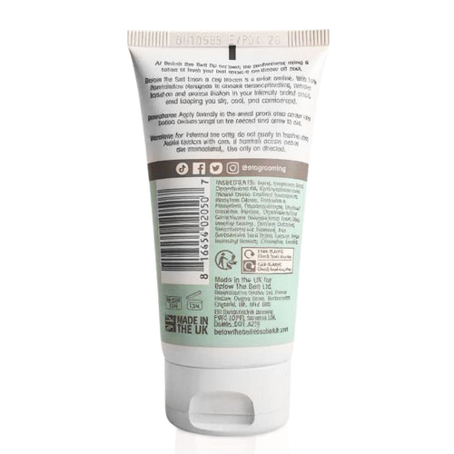 The back of a Below the Belt for Women 'Fresh & Dry Boobs' tube, showing the product ingredients, usage instructions, and social media handles. A barcode is clearly visible on the side, and the 'Made in the UK' logo and recycling symbols are at the bottom.