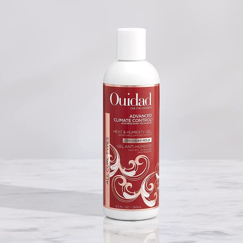 Ouidad Advanced Climate Control gel bottle on a light grey marbled background