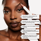Woman applying brow product with text highlighting benefits
