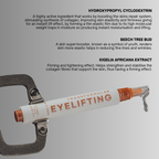 A white cosmetic eyelash serum pen labeled 'TRANSFORMULAS EYELIFTING' with copper-colored ends, shown in a clamp against a white background with descriptive text callouts.