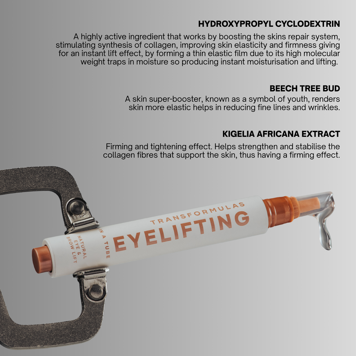 A white cosmetic eyelash serum pen labeled 'TRANSFORMULAS EYELIFTING' with copper-colored ends, shown in a clamp against a white background with descriptive text callouts.