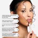 model using the lip plumping serum and the benefits listed to the left