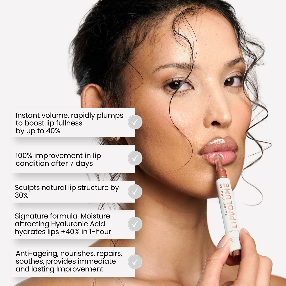 model using the lip plumping serum and the benefits listed to the left