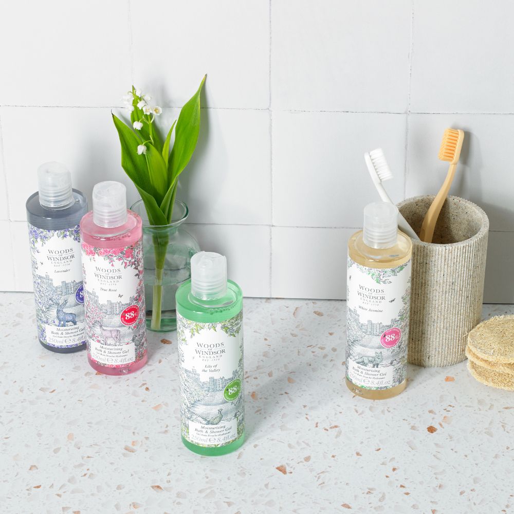 Woods of Windsor shower gels in a bathroom.