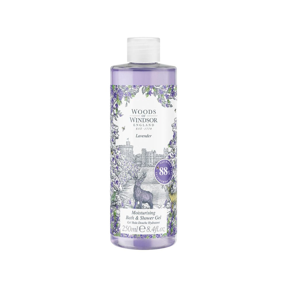 Bottle of British lavender bath and shower gel, white background.