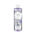 Bottle of British lavender bath and shower gel, white background.