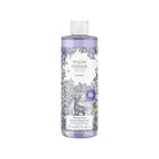 Bottle of British lavender bath and shower gel, white background.