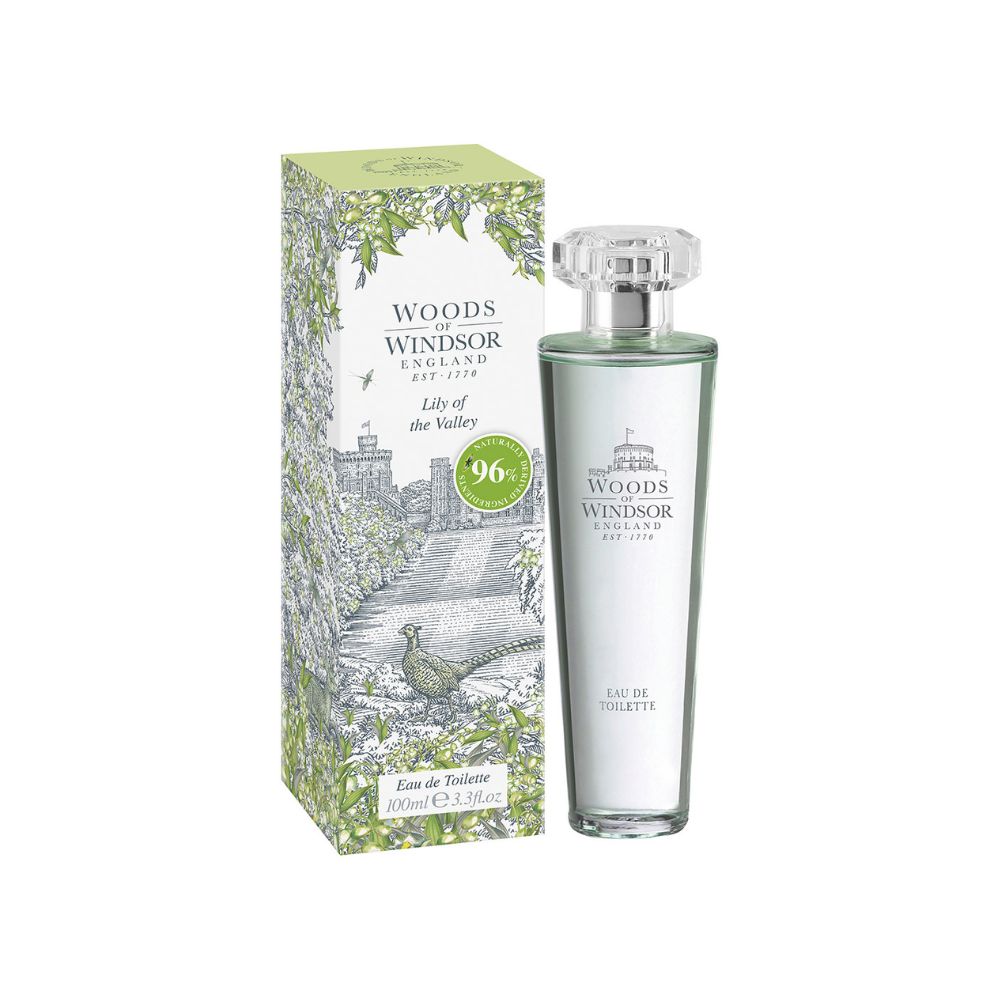 Bottle of eau de toilette next to it's carton, white background.