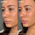 Before and after side-by-side comparison of a woman's face showing makeup application and finish, with the text 'BEFORE' and 'AFTER' and 'Results after using FaceFixers Voluptuous*' visible.