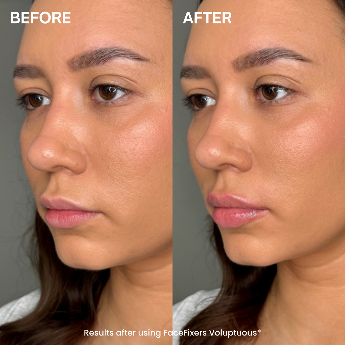 Before and after side-by-side comparison of a woman's face showing makeup application and finish, with the text 'BEFORE' and 'AFTER' and 'Results after using FaceFixers Voluptuous*' visible.