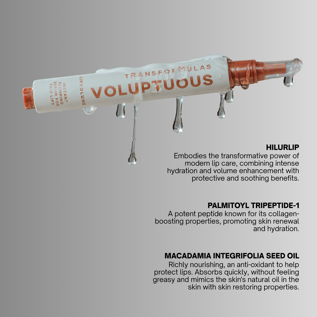 A lip balm tube labeled 'TRANSFORMULAS VOLUPTUOUS' with dripping liquid effects, shown on a gray background with descriptive text about ingredients and benefits.