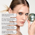A close-up beauty ad showing a woman holding a round metallic cosmetic jar against a light gray background, with several text callouts overlaid on the left side describing skincare benefits. The visible product appears to be a silver-toned cream or serum container labeled 'CRÈMES'.