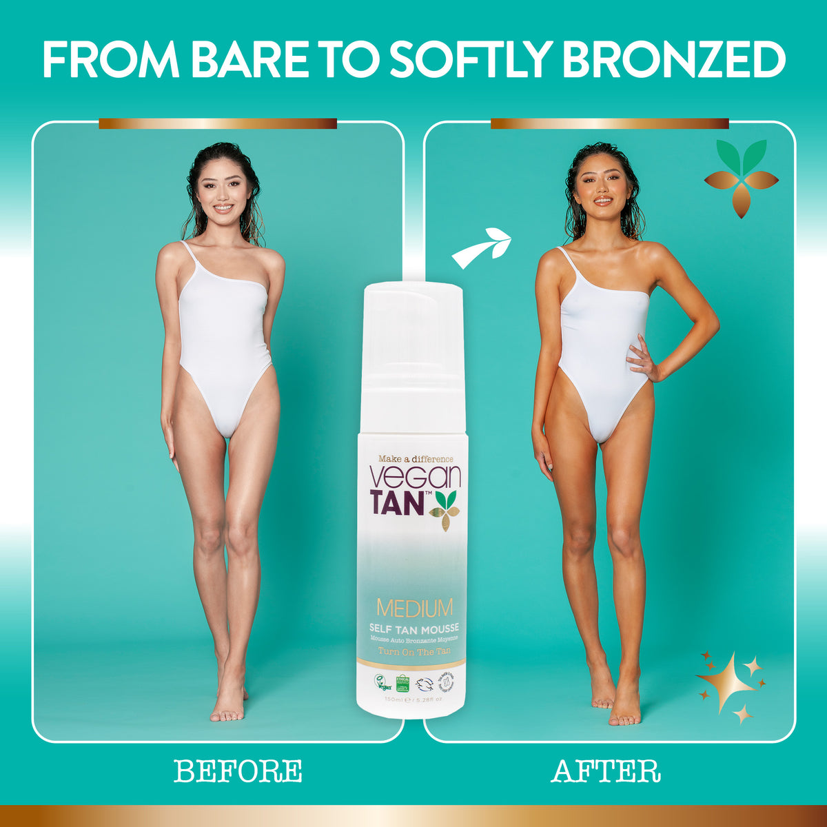 a model showing the before look and the after look when using the medium shade tan