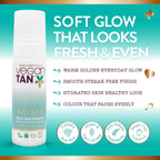 Vegan Tan Self Tan Mousse bottle on a teal promotional background with product text, benefit bullets, and certification icons. The bottle is white with a pale aqua gradient and gold accents.