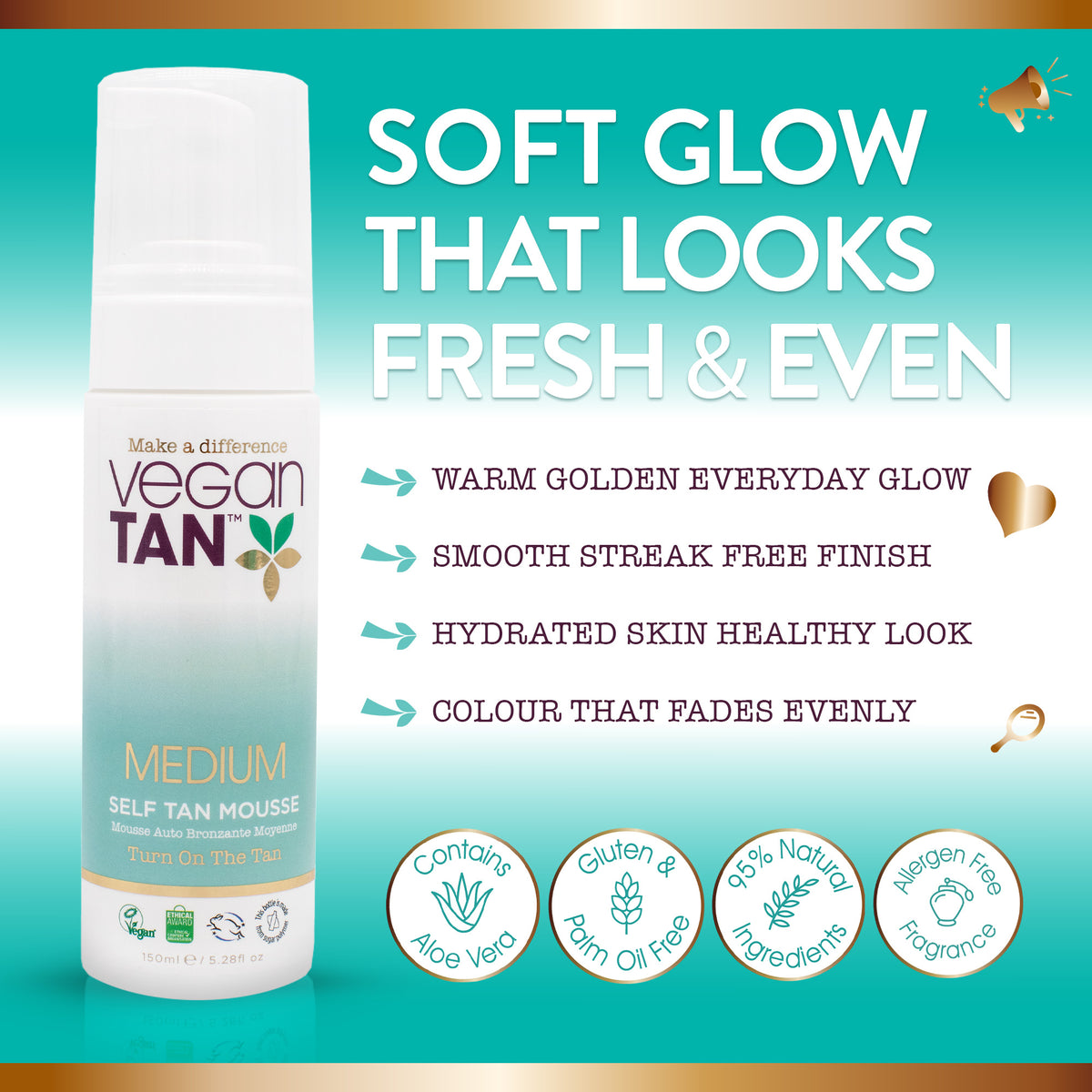 Vegan Tan Self Tan Mousse bottle on a teal promotional background with product text, benefit bullets, and certification icons. The bottle is white with a pale aqua gradient and gold accents.