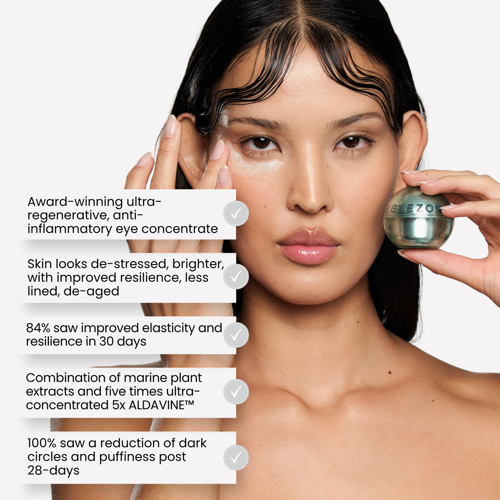 A close-up beauty shot of a woman holding a round metallic cosmetic jar in one hand and touching her face with the other, with text callouts on the left describing skincare benefits. The product appears to be a silver-toned eye cream or cosmetic container labeled 'SERE 70'.