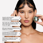 A close-up beauty shot of a woman holding a round metallic cosmetic jar in one hand and touching her face with the other, with text callouts on the left describing skincare benefits. The product appears to be a silver-toned eye cream or cosmetic container labeled 'SERE 70'.