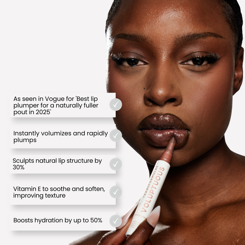 Close-up of a woman applying a lip plumper cosmetic from a white tube labeled VOLUPTUOUS. Text callouts on the left describe benefits, with a white background and the model's face filling most of the frame.