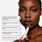 Close-up of a woman applying a lip plumper cosmetic from a white tube labeled VOLUPTUOUS. Text callouts on the left describe benefits, with a white background and the model's face filling most of the frame.