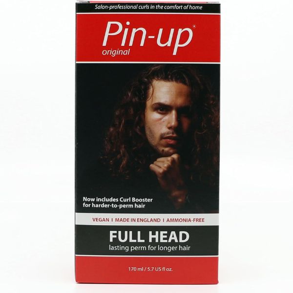 A box of Pin-up Original Full Head Perm hair extension on a white background. The packaging features a model with long, wavy dark brown hair on the front, with red and black sections and white text.