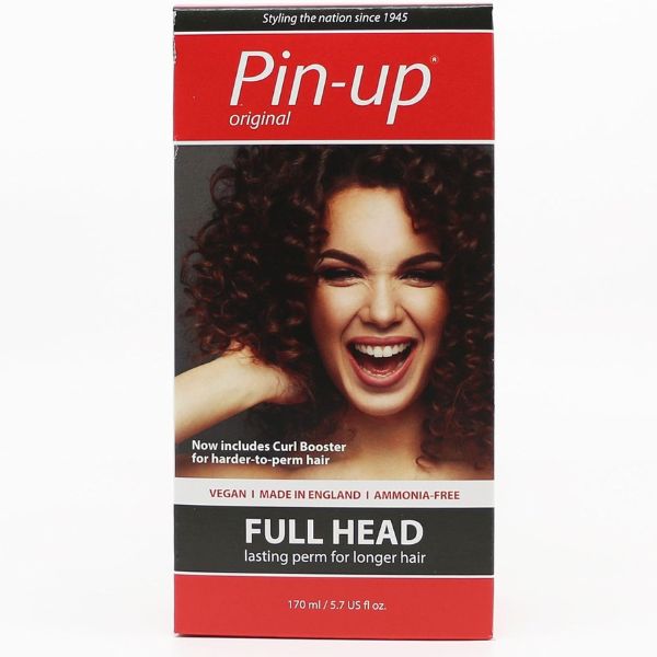 A box of Pin-up Original Full Head Perm Hair Straightener on a plain white background. The packaging features a smiling woman with curly hair on the front, with red, black, and white color blocks and text.