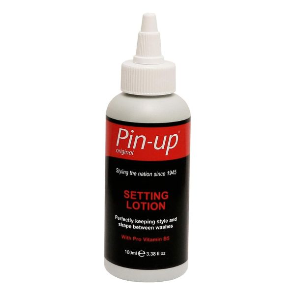A 100ml bottle of Pin-up Original Setting Lotion, featuring a white plastic cap and a black label with a red band at the top.