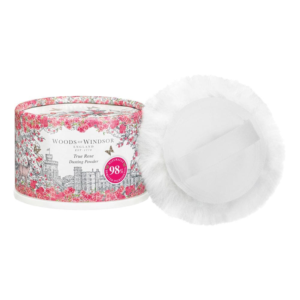 Box of dusting powder, the box has roses drawings on it.