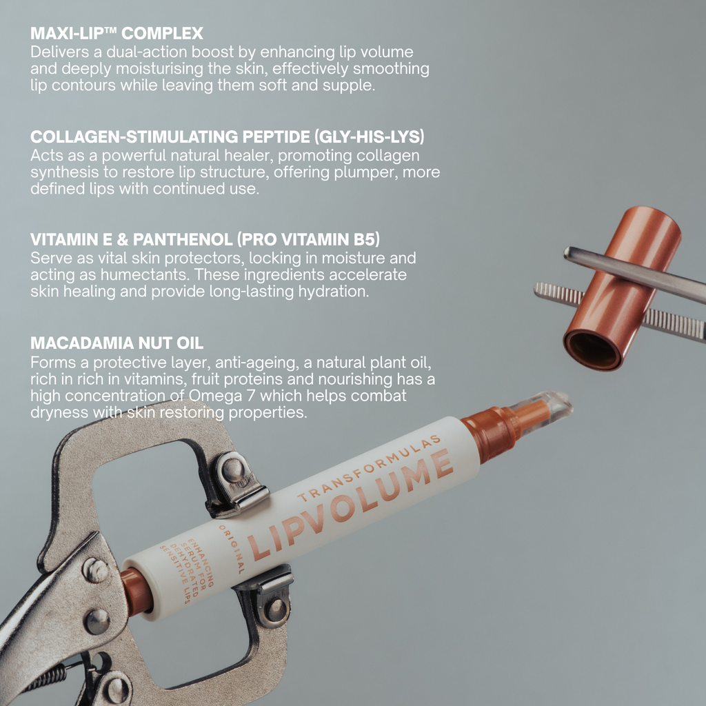lip serum being held by surgical tools with the ingredients displayed and the benefits of these