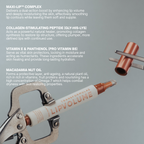 lip serum being held by surgical tools with the ingredients displayed and the benefits of these