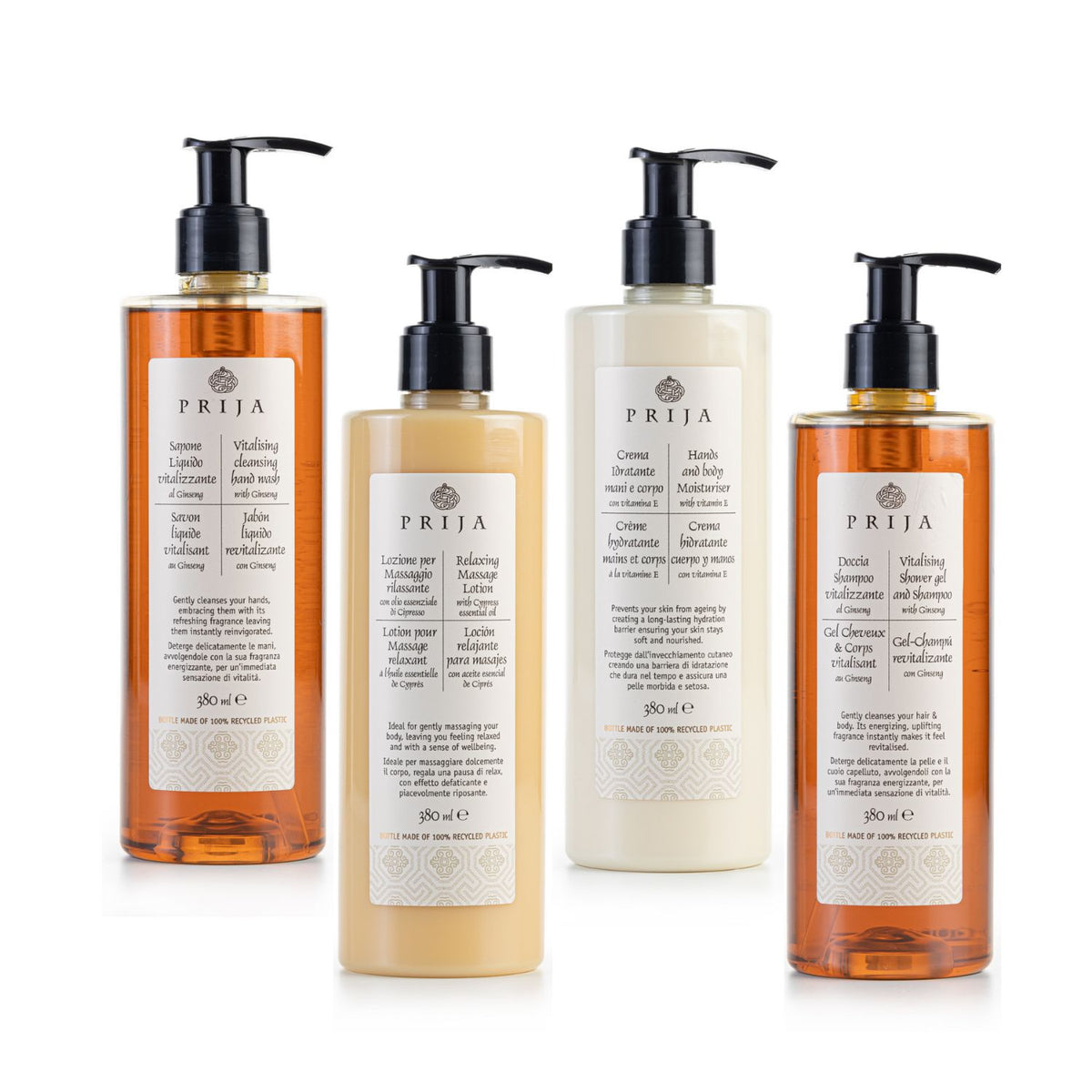 PRIJA Hands and Body Moisturiser + Vitalising Shower Gel and Shampoo + Relaxing Massage Lotion + Vitalising Hand Wash BUNDLE