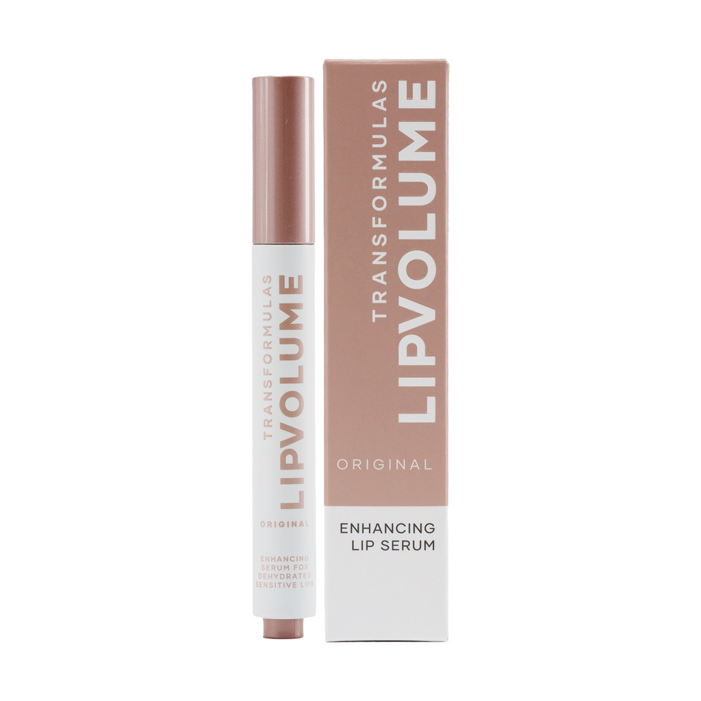 transformulas lipvolume original lip enhancing serum next to the box on a white background.