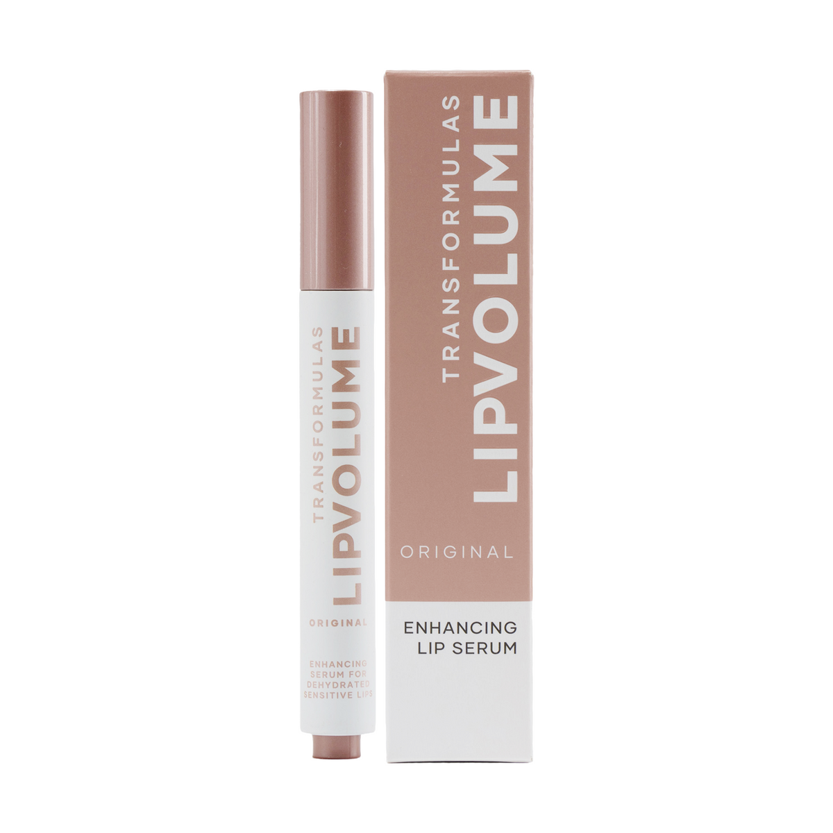transformulas lipvolume original lip enhancing serum next to the box on a white background.