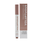 Volumtuous Lipvolume Instant Plumping Lip Serum shown in its cylindrical tube next to its matching rectangular packaging box, both featuring a muted brown and white color scheme on a plain white background.