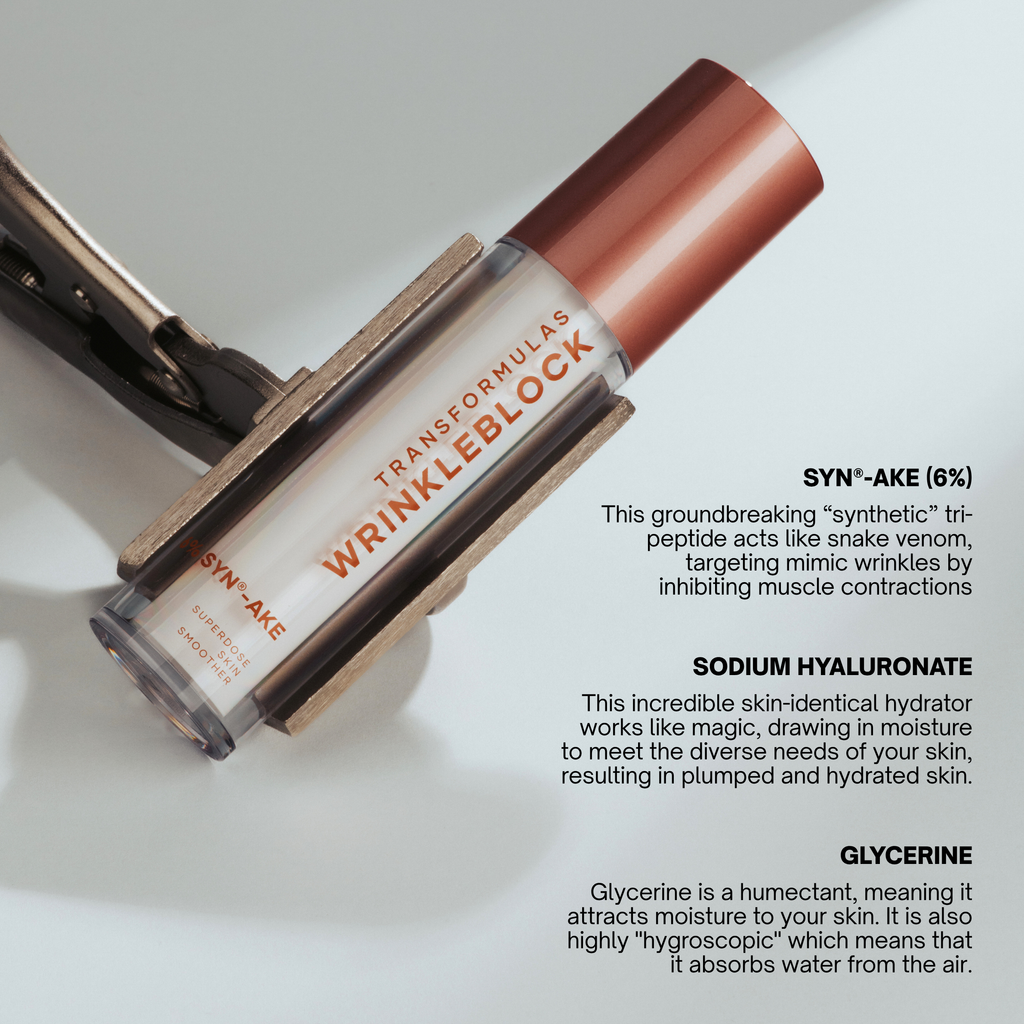 A close-up of a cylindrical cosmetic tube labeled SYN-AKE WRINKLEBLOCK, held by a black clamp against a light gray background, with product feature text overlaid on the right side.