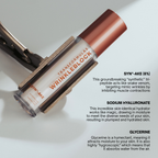 A close-up of a cylindrical cosmetic tube labeled SYN-AKE WRINKLEBLOCK, held by a black clamp against a light gray background, with product feature text overlaid on the right side.