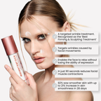 A close-up of a woman holding a bottle of Miriam Rose Botox treatments, with text callouts on the right detailing the benefits of the facial wrinkle treatment.